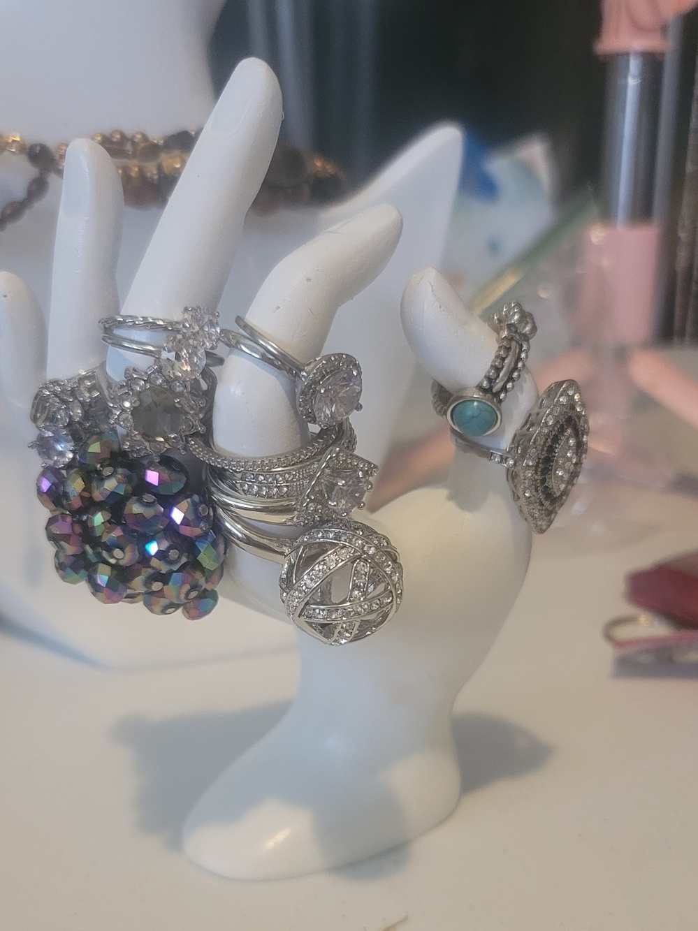 Silver Tone Statement Ring Lot | Mixed Sizes CZ Turquoise Cocktail Rings